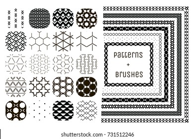 Collection of 20 Black Geometric Seamless Patterns and 7 Flexible, Color, Size and Shape adjustable pattern brushes with outer and inner tiles. Vector Illustration. Monochrome Repeating Backgrounds