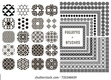 Collection of 20 Black Geometric Seamless Patterns and 15 Flexible, Color, Size and Shape adjustable Pattern Brushes with outer and inner tiles. Vector Illustration. Ornamental Repeating Backgrounds
