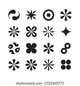 Una colección de 20 Formas geométricas abstractas en blanco y negro dispuestas en una cuadrícula de 4x5. Cada forma presenta diseños únicos que incluyen remolinos, estrellas, círculos y patrones florales.
