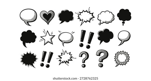 A collection of 20 black and white comic book-style speech bubbles and punctuation marks on a white background