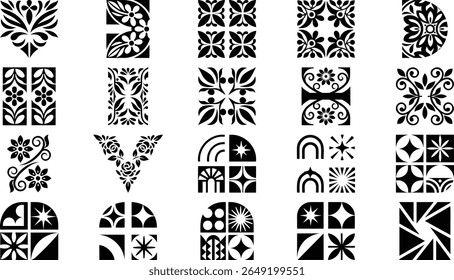 Collection of 20 Black and White Floral and Geometric Design Elements