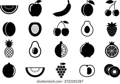 Uma coleção de 20 ícones de frutas pretas e brancas em um fundo branco