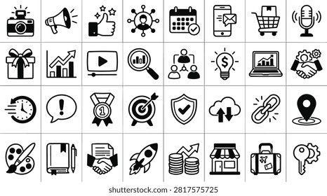 A collection of 20 black and white icons representing various business and technology concepts, including a camera, megaphone, thumbs up, social network, calendar, email, shopping cart, microphone, gift, graph, play button, search, team, lightbulb, laptop, handshake, clock, exclamation, medal, target, shield, cloud, link, location, art palette, book, document, rocket, coins, store, suitcase, and key.