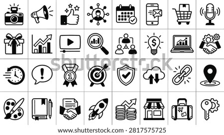 A collection of 20 black and white icons representing various business and technology concepts, including a camera, megaphone, thumbs up, social network, calendar, email, shopping cart, microphone, gift, graph, play button, search, team, lightbulb, laptop, handshake, clock, exclamation, medal, target, shield, cloud, link, location, art palette, book, document, rocket, coins, store, suitcase, and key.