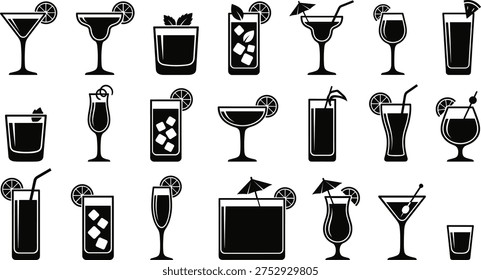 A collection of 20 black and white vector illustrations of various cocktail glasses and drinks, including martinis, wine glasses, beer glasses, and more, in a line art design concept, perfect for use in graphic design projects, menus, or advertisements.