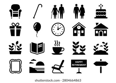 Collection of 20 black and white vector icons related to retirement, featuring elderly couples, walking sticks, leisure activities, hobbies, home, and celebration elements, perfect for design projects