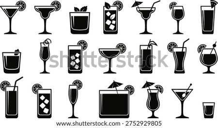 A collection of 20 black and white vector illustrations of various cocktail glasses and drinks, including martinis, wine glasses, beer glasses, and more, in a line art design concept, perfect for use in graphic design projects, menus, or advertisements.