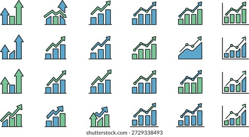 A collection of 20 blurry bar graph icons isolated on transparent background with various colors and designs