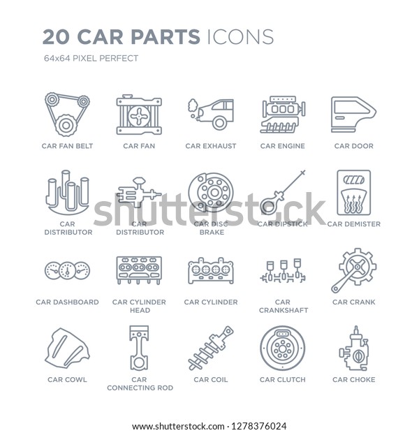 Collection of 20 Car\
parts linear icons such as car fan belt, fan, coil, connecting rod,\
cowl, door line icons with thin line stroke, vector illustration of\
trendy icon set.