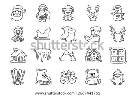 A collection of 20 charming hand drawn Christmas icons featuring Santa elves reindeer snowmen and winter scenery Perfect for cards websites or festive projects