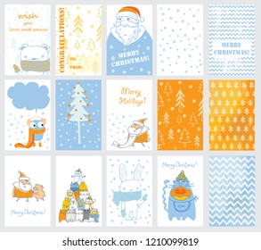 Collection of 20 Christmas cards templates with cats, Santa Claus, owl, pig and hand drawn greeting text Merry christmas