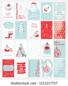 Collection of 20 Christmas cards templates with cats, Santa Claus, owl, pig and hand drawn greeting text Merry christmas