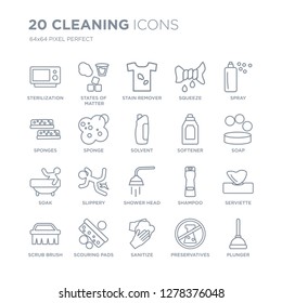 Collection of 20 Cleaning linear icons such as sterilization, States Matter, sanitize, scouring pads, scrub brush, Spray line icons with thin line stroke, vector illustration of trendy icon set.