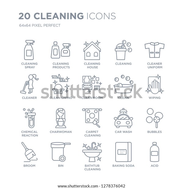 Collection of 20\
Cleaning linear icons such as spray, products, Bathtub cleaning,\
Bin, Broom line icons with thin line stroke, vector illustration of\
trendy icon set.