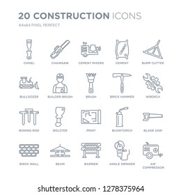 Collection of 20 Construction linear icons such as Chisel, Chainsaw, Barrier, Beam, Birck Wall, Bump cutter, Brick hammer line icons with thin line stroke, vector illustration of trendy icon set.