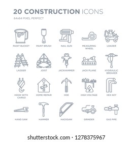 Collection of 20 Construction linear icons such as Paint bucket, brush, Hacksaw, Hammer, Hand saw, Loader, Jack plane line icons with thin line stroke, vector illustration of trendy icon set.