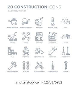 Collection of 20 Construction linear icons such as Wheelbarrow, Wheel barrow, Screwdrivers, Screws, Sledge hammer, Vise line icons with thin line stroke, vector illustration of trendy icon set.