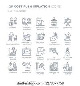 Collection Of 20 COST PUSH INFLATION Linear Icons Such As Dividend, Discount Mortgage, Cost-push Inflation, Council Tax Line Icons With Thin Line Stroke, Vector Illustration Of Trendy Icon Set.