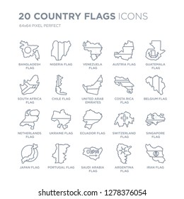 Collection of 20 Country Flags linear icons such as Bangladesh flag, Nigeria Saudi Arabia Portugal flag line icons with thin line stroke, vector illustration of trendy icon set.