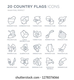 Collection of 20 Country Flags linear icons such as Hungary flag, Cambodia Denmark Kenya Malaysia flag line icons with thin line stroke, vector illustration of trendy icon set.
