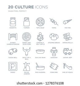 Collection of 20 Culture linear icons such as Vegemite, Turron, Rice Pudding, Rio de janeiro, Ruble, Tan tan, Steamed Bread line icons with thin line stroke, vector illustration of trendy icon set.