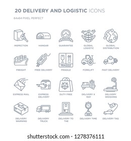 Collection of 20 DELIVERY AND LOGISTIC linear icons such as Inspection, Hangar, delivery to the door, Delivery truck line icons with thin line stroke, vector illustration of trendy icon set.