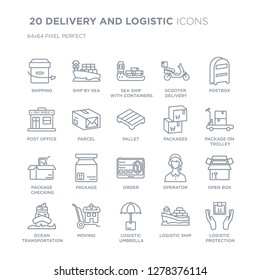 Collection of 20 DELIVERY AND LOGISTIC linear icons such as Shipping, ship by sea, Logistic Umbrella, Moving line icons with thin line stroke, vector illustration of trendy icon set.