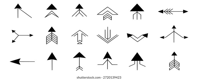 Colección de 20 diseños diferentes de flechas negras sobre fondo blanco, que varían en estilo y dirección.
