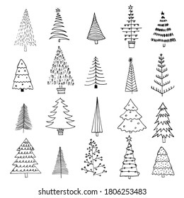 Collection of 20 different Christmas trees. Black liner rough hand drawing. New Year fir-trees decoration doodle sketch. Can be used  for fabric, phone case and wrapping paper. 

