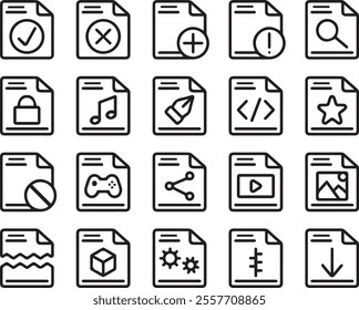 A collection of 20 different file type icons. Each icon is represented by a simple, line-art style drawing of a document with a symbol representing the file type, such as a checkmark for a completed t