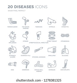 Collection of 20 Diseases linear icons such as Tennis elbow, Tay-Sachs disease, Sickle-cell anemia, Siderosis, SIDS, Synovitis line icons with thin line stroke, vector illustration of trendy icon set.