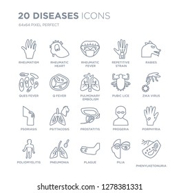 Collection of 20 Diseases linear icons such as Rheumatism, Rheumatic heart, Plague, pneumonia, Poliomyelitis, Rabies line icons with thin line stroke, vector illustration of trendy icon set.