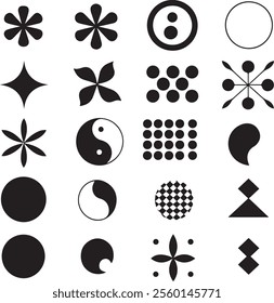 A collection of 20 distinct, black and white geometric shapes, including floral, leaf, swirl, and yin-yang motifs.