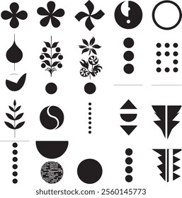 A collection of 20 distinct, black and white geometric shapes, including floral, leaf, swirl, and yin-yang motifs.