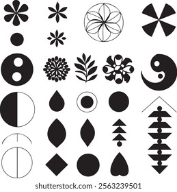 A collection of 20 distinct, black and white geometric shapes, including floral, leaf, swirl, and yin-yang motifs.