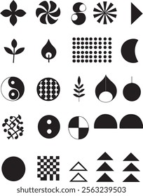 A collection of 20 distinct, black and white geometric shapes, including floral, leaf, swirl, and yin-yang motifs.