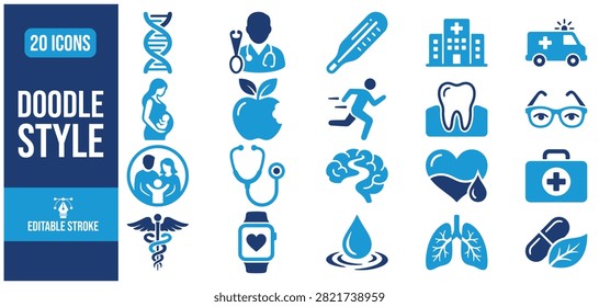 A collection of 20 editable blue doodle-style icons representing various healthcare and wellness concepts for commercial use.