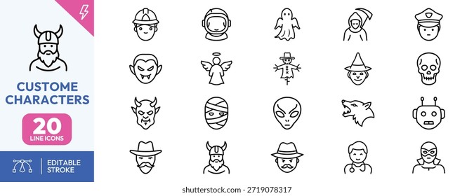 Colección de 20 iconos de línea editables con varios personajes de disfraces personalizados para proyectos de diseño.