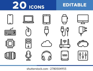 Collection of 20 editable technology icons in a flat line design style. Includes devices, accessories, and digital elements.