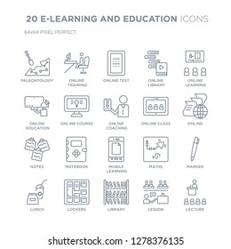 Collection of 20 E-LEARNING AND EDUCATION linear icons such as Paleontology, online training, Library, Lockers, Lunch line icons with thin line stroke, vector illustration of trendy icon set.