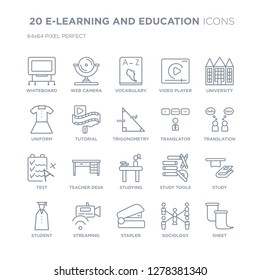 Collection of 20 E-LEARNING AND EDUCATION linear icons such as Whiteboard, Web camera, Stapler, Streaming, Student, University line icons with thin line stroke, vector illustration of trendy icon set.