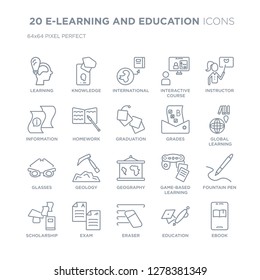 Collection of 20 E-LEARNING AND EDUCATION linear icons such as Learning, Knowledge, Eraser, Exam, scholarship, Instructor line icons with thin line stroke, vector illustration of trendy icon set.