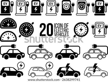 Collection of 20 Electric Vehicle Icons Charging Stations, Battery Indicators, and EV Cars – Perfect for Website Design, App Development, and Presentations
