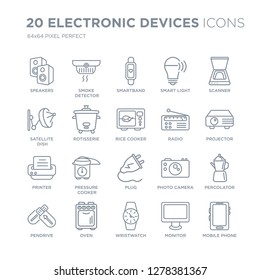 Collection of 20 Electronic devices linear icons such as Speakers, smoke detector, Wristwatch, Oven, Pendrive, Scanner, Radio line icons with thin line stroke, vector illustration of trendy icon set.