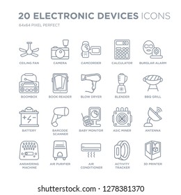 Collection of 20 Electronic devices linear icons such as ceiling fan, Camera, Air conditioner, purifier, answering machine line icons with thin line stroke, vector illustration of trendy icon set.