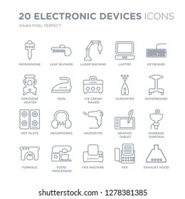 Collection of 20 Electronic devices linear icons such as Microphone, leaf blower, Fax Machine, food processor, furnace line icons with thin line stroke, vector illustration of trendy icon set.