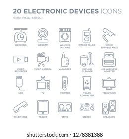 Collection of 20 Electronic devices linear icons such as Weighing, Webcam, Stove, Tablet, Telephone, video surveillance line icons with thin line stroke, vector illustration of trendy icon set.