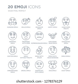 Collection of 20 Emoji linear icons such as Hugging emoji, Hello Downcast With Sweat Drool emoji line icons with thin line stroke, vector illustration of trendy icon set.