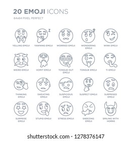 Collection of 20 Emoji linear icons such as Yelling emoji, Yawning Stress Stupid Surprise emoji line icons with thin line stroke, vector illustration of trendy icon set.