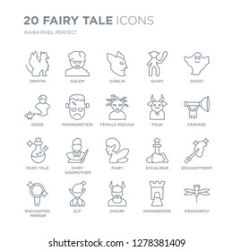 Collection of 20 Fairy Tale linear icons such as Griffin, Golem, Dwarf, Elf, Enchanted mirror, Ghost, Faun, Fairy, tale line icons with thin line stroke, vector illustration of trendy icon set.